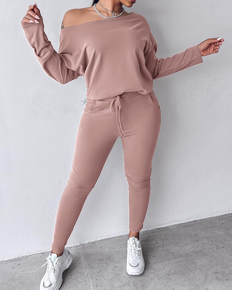 CHICME Women Tracksuit Fall 2 piece Outfits Off The Shoulder Long Sleeve Tops and Pants Set Travel Outfits