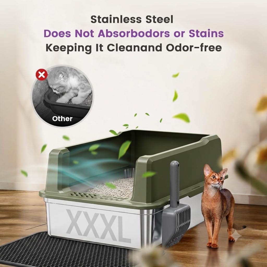 Extra Large XXL Stainless Steel Cat Litter Box with Lid, 26" L x 18" W x 12" H Metal Litter Box with Hight Sides for Big Cats & Multiple Cats, Never Absorbs Odors, Anti-Urine Leakage, Easy Cleaning