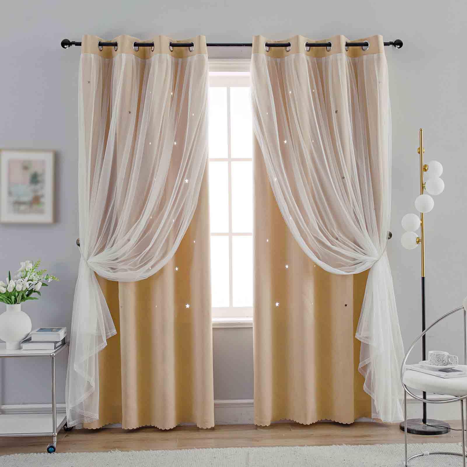 Anytime Star Cut-Out Blackout Curtains for Bedroom 2 Panels,2-Layers Mix Design of Fabric & Tulle,Pretty Pure Color Window Curtain for Kids Room(W35 x L45,LPink)