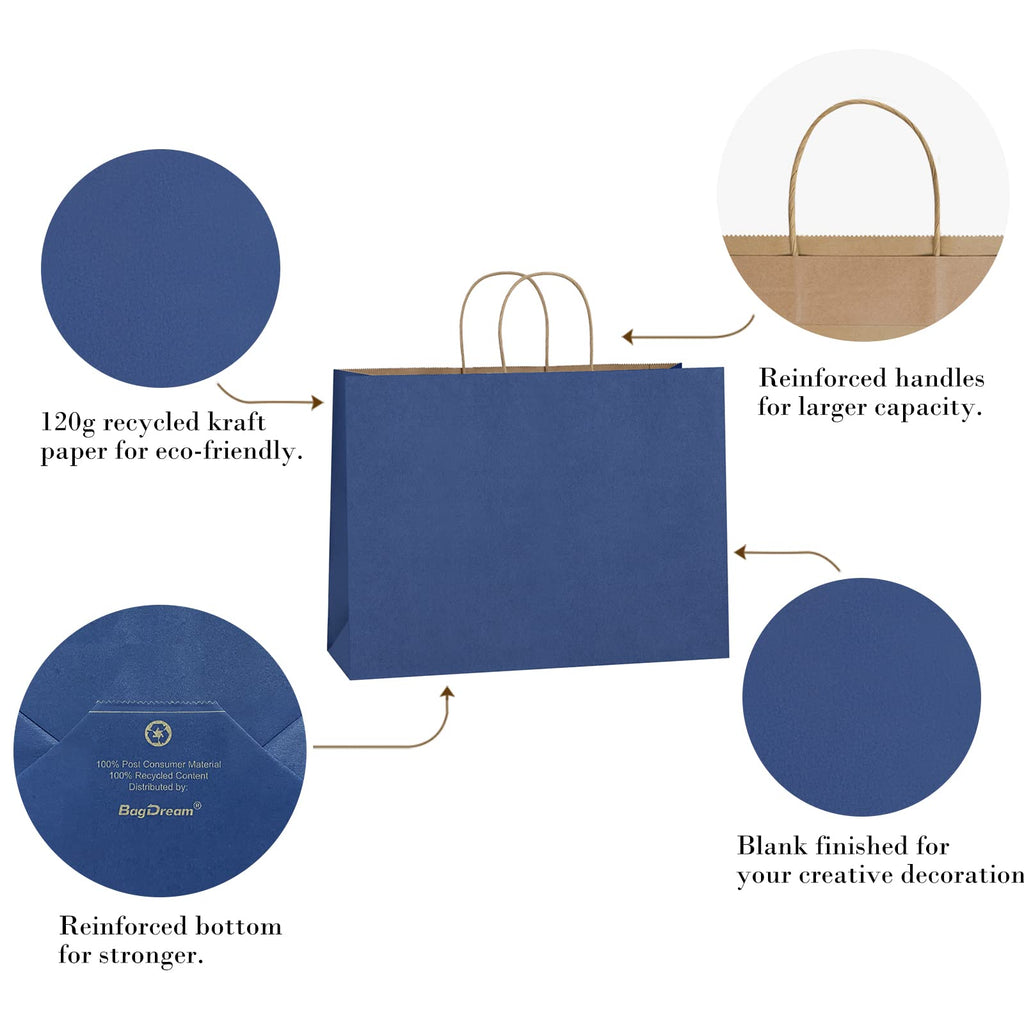 BagDream 100Pcs 16x6x12 Inches Kraft Paper Bags with Handles Bulk, Large Shopping Bags for Gifts, Grocery, Merchandise, Party Favor, Take-out, Recycled Black Black Paper Sacks