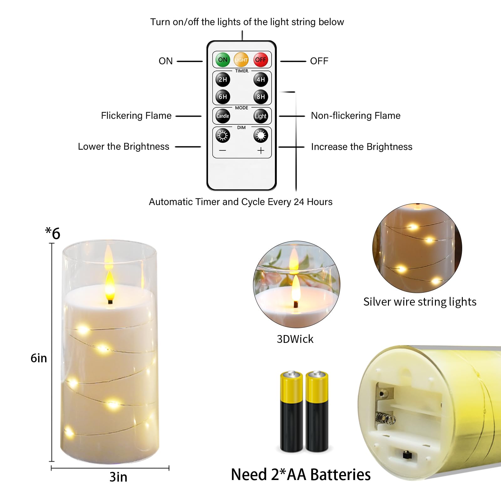 Flickering Flameless Candles with Remote Timer, 6pcs LED Battery Operated Candles with Embedded String Lights Red, Same Size D3 H6