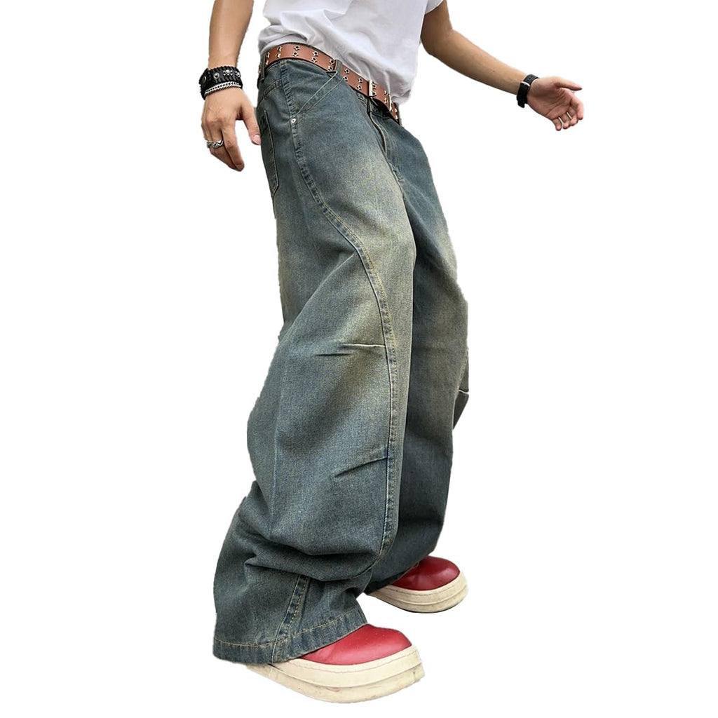 DFGIGT Men's Irregular Sutures Y2k Hip Hop Baggy Jeans Wide Leg Denim Pants Casual Loose Fit Trousers Streetwear