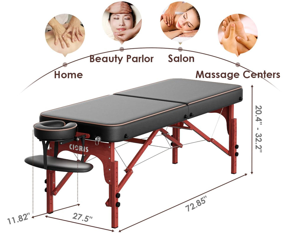 CLORIS 84" Professional Massage Table Portable Reinforced Wooden Leg 2 Folding Lightweight Spa Salon Tattoo Massage Bed Height Adjustable Hold Up to 1100LBS with Carrying Bag Black