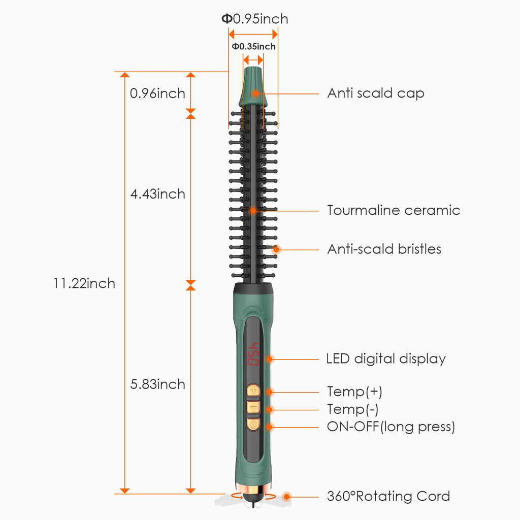 BANGMENG Mini Thermal Round Brush, 0.35 Inch Barrel Volume Heat Styling Brush for Men and Women Short Thin Curly Straight Hair, Heated Curling Iron,12 Temperature Setting (0.95 Inch with Bristles)