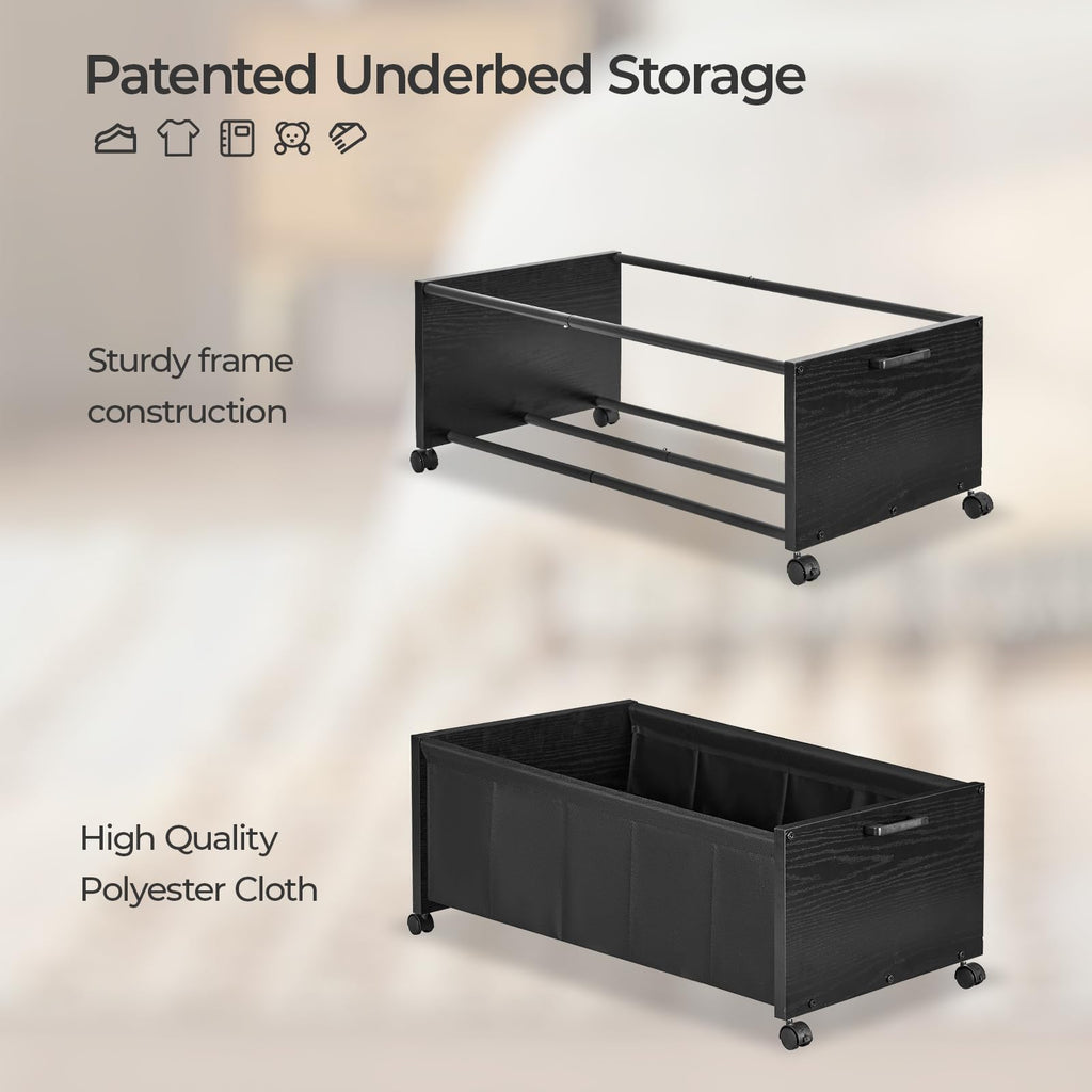 FOUCSSOMEI Under Bed Storage with Wheels, Wooden Under Bed Drawers On Wheels, Rolling Under Bed Shoe Storage, Space Saving, Black,30L