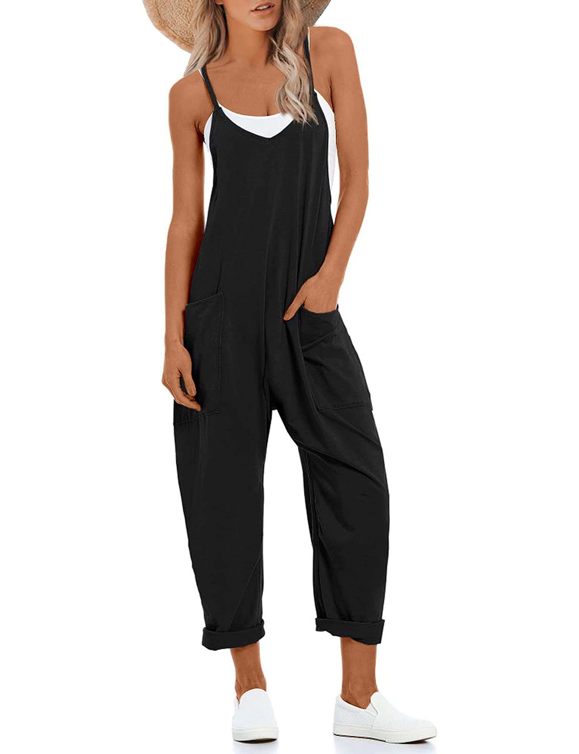 Lentta Women's Causal Jumpsuits V Neck Sleeveless Harem Overalls Stretchy Adjustable Strap Romper with Pockets