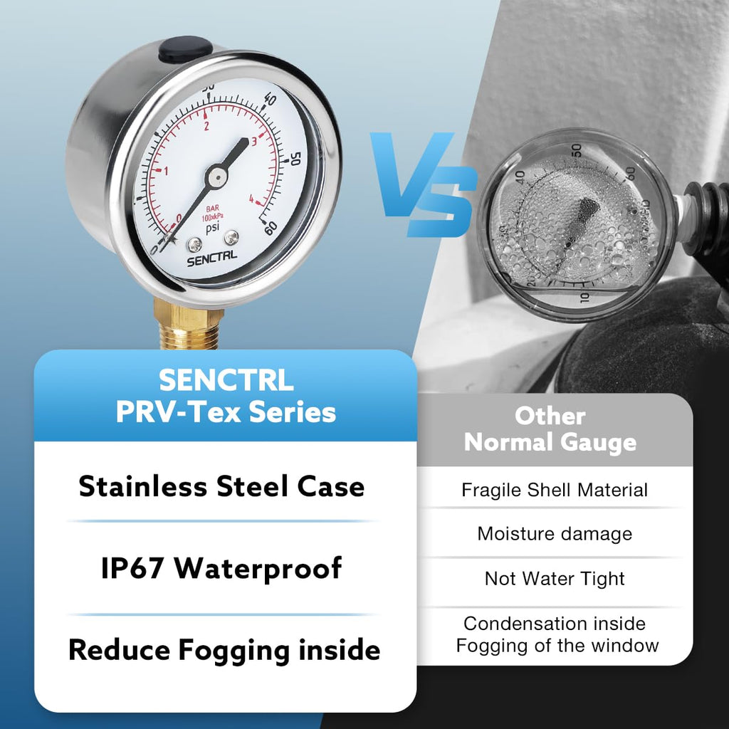 SENCTRL 30inHg Vacuum Pressure Gauge, 2" Dial, 1/8 NPT Lower Mount, Waterproof, Stainless Steel Case, for Tube Tester, HVAC, Pneumatic Air Compressor, Hand Pump, Valve Test