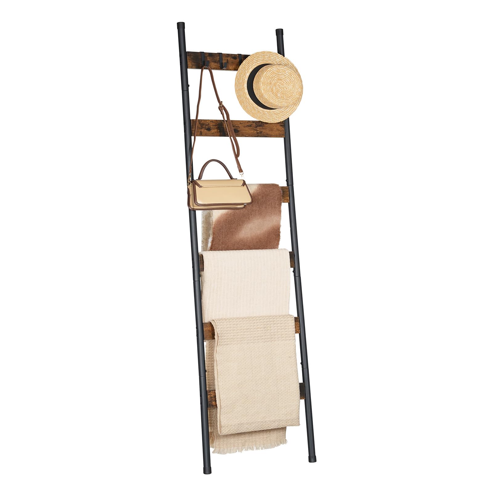 HOOBRO Blanket Ladder, 5-Tier Towel Rack with Hooks, Wall-Leaning Blanket Rack, Decorative Display Ladder Shelf, Scarves, Industrial, Living Room, Bedroom, Black BB52CJ01