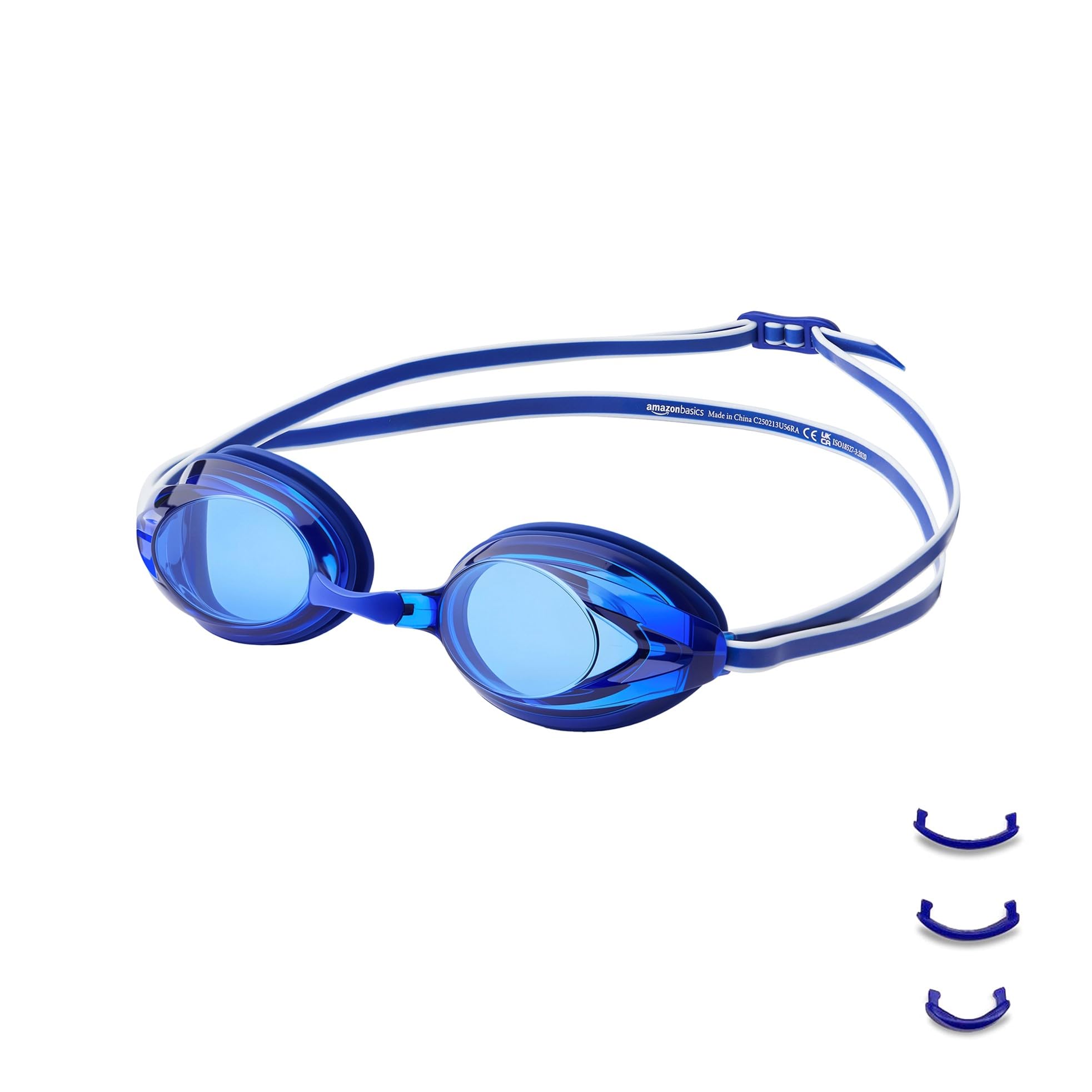 Amazon Basics Unisex Swim Goggles for Adults, Anti-Fog, Unisex, Wide View, 4 Interchangeable Nosepieces