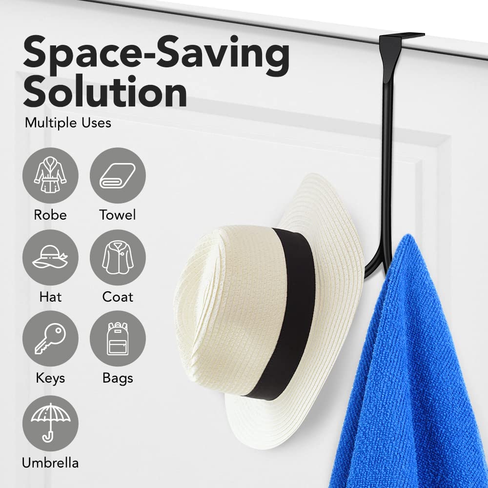 2-Pack Over The Door Hooks - with 2 Hang Heads & Snug Fit Pads Heavy Duty Hook for Hanging Coats, Towels, Caps & Robes - Elegant Matt Finish - No Drill Hanger Organizer - Black