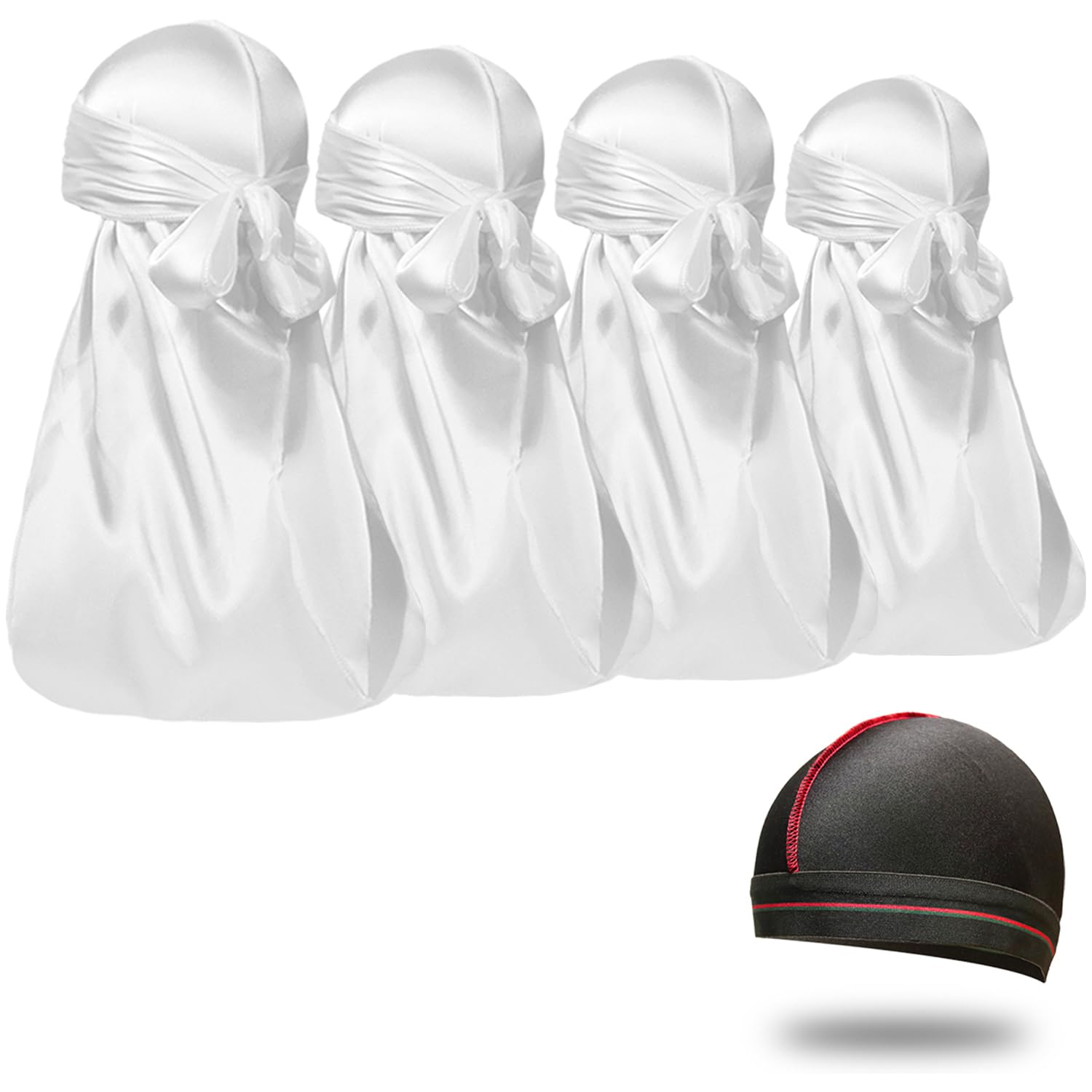4PCS Silky Durags for Men Women 360 Waves with 1 Wave Cap, Silky Satin Durag Extra Long Tails