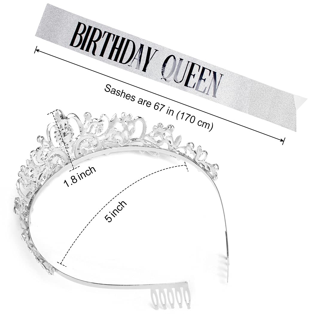 COCIDE Birthday Silver Tiara and Crowns Kit - Silver Tiara, Crown, Sash, Rhinestone Headband, Glitter Sash for Women & Girls Birthday Party Decorations