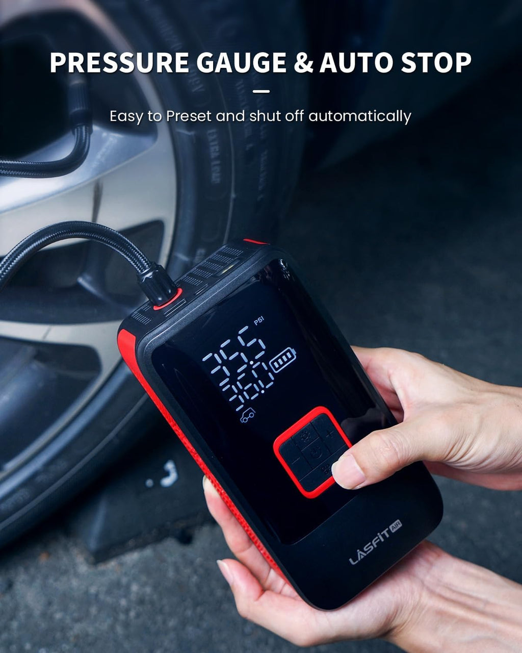 LASFIT TK1 Tire Inflator Portable Air Compressor, Cordless Tire Air Pump for Pickup Truck, SUVs, Heavy-Duty Car Air Pump with Larger 12000mAh Battery, 150PSI Digital Pressure Gauge, Smart Auto Stop