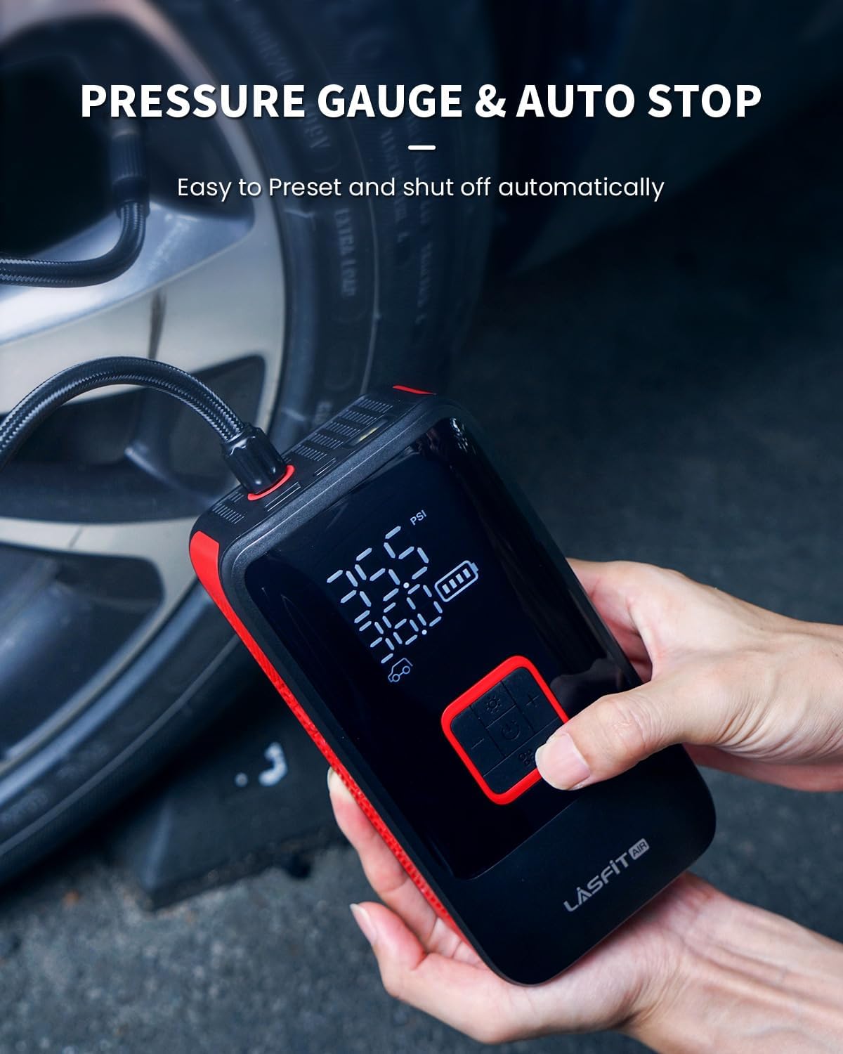 LASFIT TK1 Tire Inflator Portable Air Compressor, Cordless Tire Air Pump for Pickup Truck, SUVs, Heavy-Duty Car Air Pump with Larger 12000mAh Battery, 150PSI Digital Pressure Gauge, Smart Auto Stop