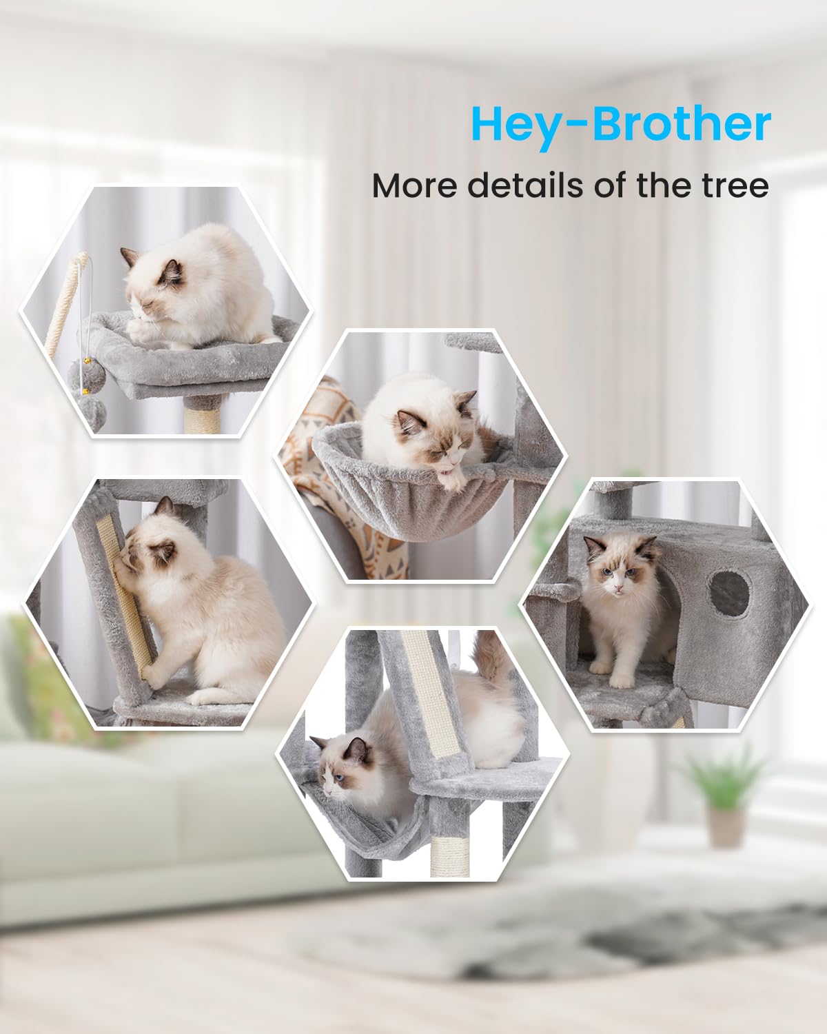 Hey-brother Cat Tree, 53 inch Cat Tower for Indoor Cats, Cat House with Padded Platform Bed, Toy Balls, Large Cozy Condo, Hammocks and Sisal Scratching Posts, Beige MPJ019-SM