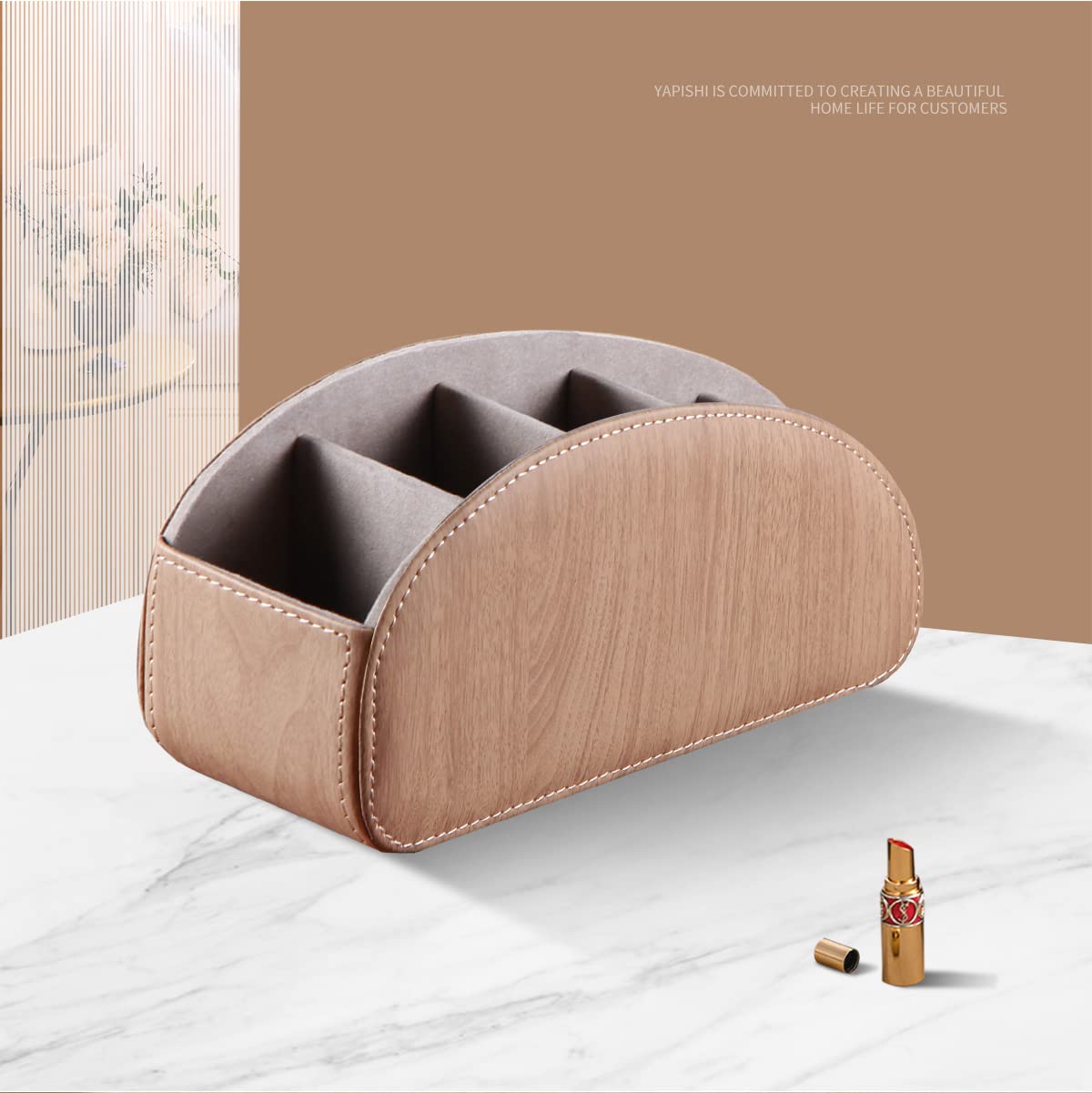 YAPISHI All-in-One Leather Brown TV Remote Holder with 5 Compartments Nightstand Desktop Media Player Remote Caddy Storage Box Organizer Tray for Mobile Office Phone Controller