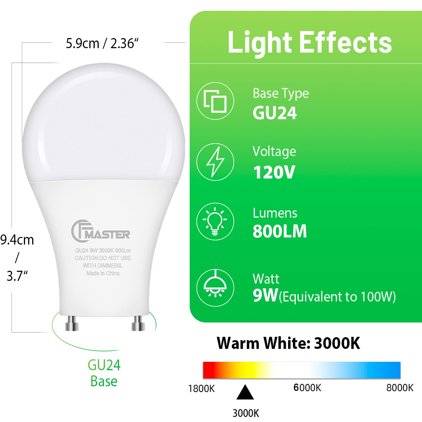 GU24 LED Llight Bulb, 3000K Warm White, 9W(100W Equivalent), 800 Lumens, A19 Shape GU24 LED Bulbs, Twist and Lock GU24 Pin Base with Two Prongs, Non-Dimmable(4-Pack)