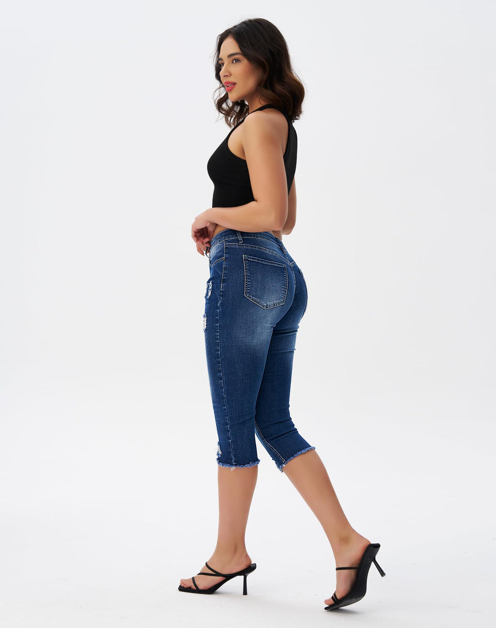 roswear Women's Capri Pants Mid Rise Skinny Ripped Stretchy Cropped Distressed Jeans