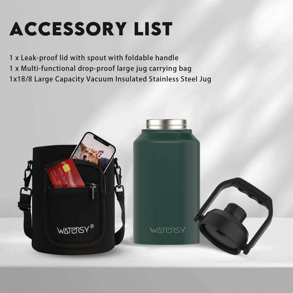 WATERSY Half Gallon Water Bottle Insulated(Cold for 48 Hrs),BPA Free&Leak Proof,64oz Stainless Steel Water Jug/Flask,Big thermo,Large Water Bottle with Handle for Gym,Hiking,Camping,Black