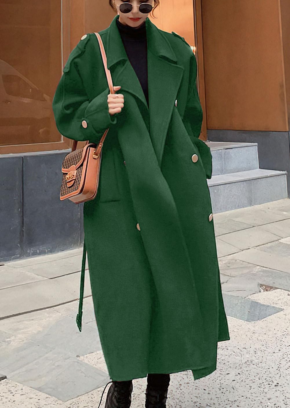 chouyatou Women's Winter Double Breasted Midi Long Wool Pea Coat Notch Lapel Winter Trench Coat
