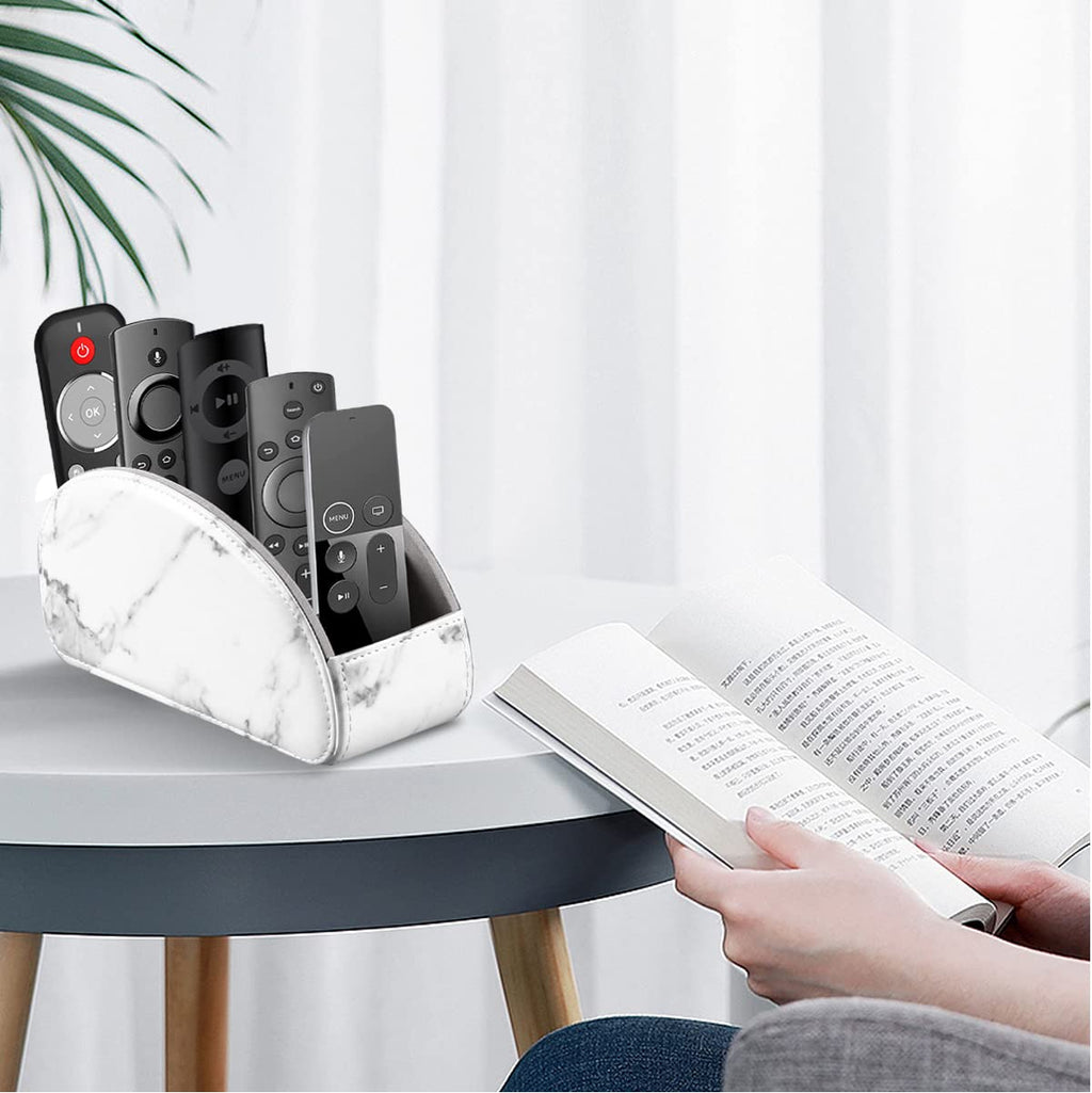 YAPISHI All-in-One Leather Brown TV Remote Holder with 5 Compartments Nightstand Desktop Media Player Remote Caddy Storage Box Organizer Tray for Mobile Office Phone Controller