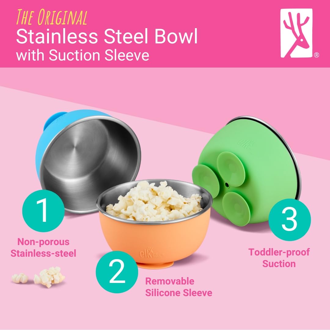 Elk and Friends Stainless Steel Bowls + Silicone Sleeve and Storage Lid | Baby, Toddler, Kids | Cereal & Snack Bowls | Storage Containers | Dishwasher Safe | 4 Pack