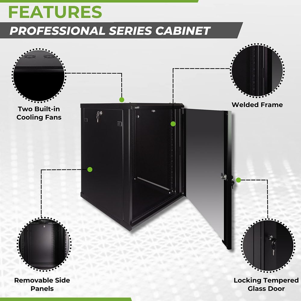 NavePoint 12U Server Rack Enclosure - 23.6” Deep, Wall Mount Network Cabinet with Locking Glass Door for 19” IT Equipment, Network Rack with 2 Fans, Removable Side Panels, Black