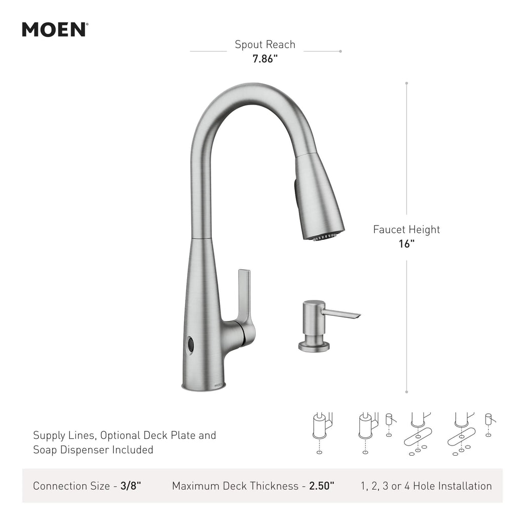 Moen Haelyn Pulldown Kitchen Faucet with Power Boost, 87627 | Pulldown sprayer, Power Boost technology, Soap dispenser included, Chrome finish, High arc faucet