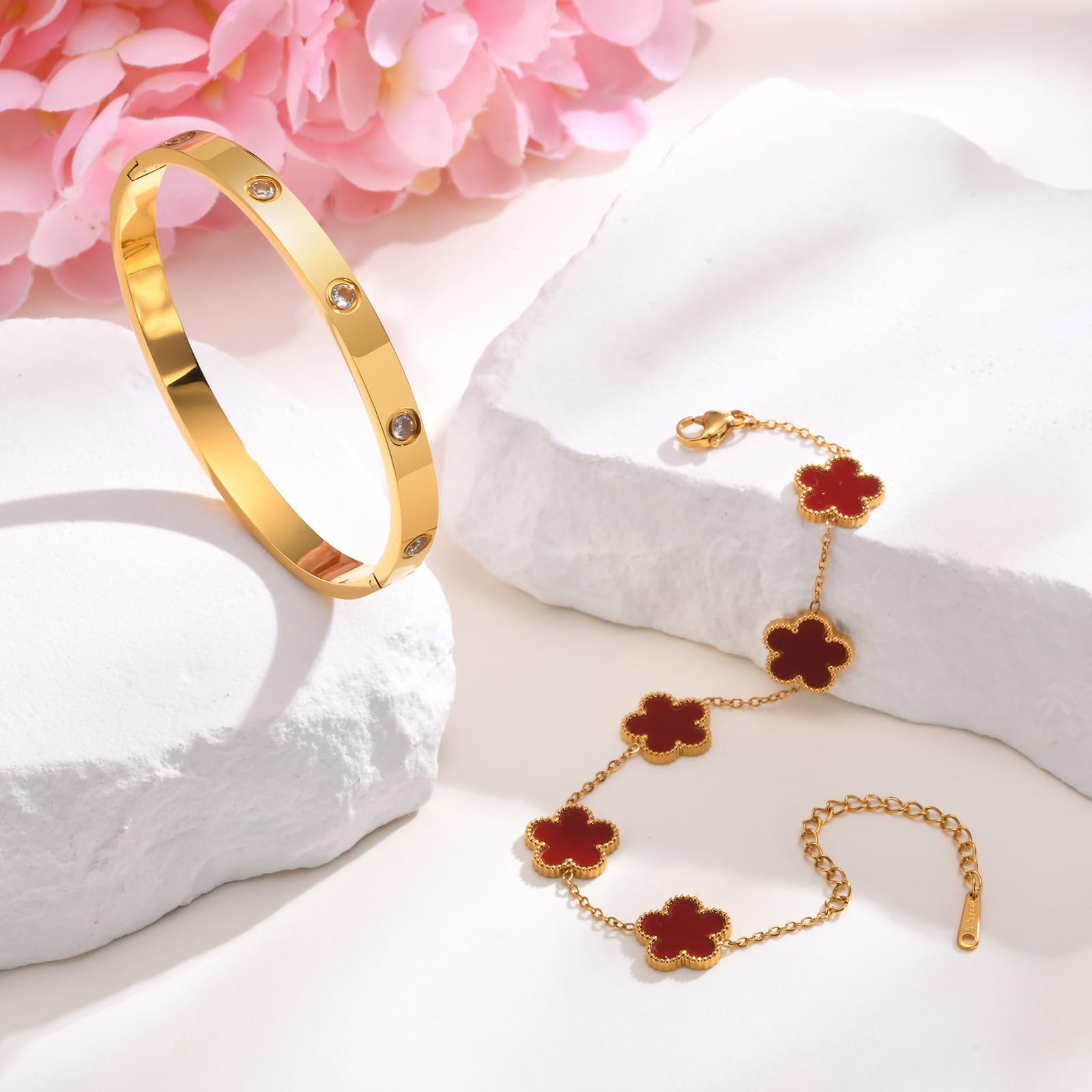 MPRAINBOW Womens Stackable Gold Bracelets Jewelry, 18K Gold Plated Floral Bangles Non Tarnish, Gold Cubic Zirconia Chain Set Trendy Gift,Christmas Valentines Birthday Gifts for Girlfriend
