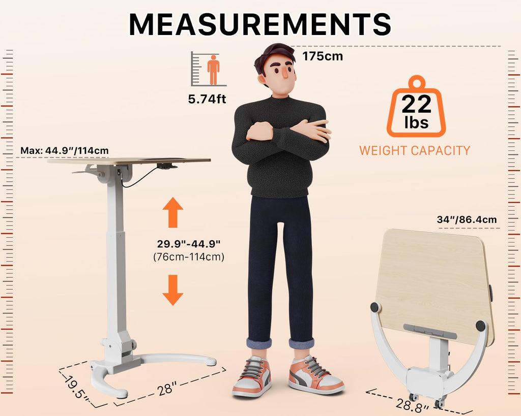 JOY worker Foldable Mobile Standing Desk, Height Adjustable Sit Stand Desk, 90° Tiltable Rolling Laptop Table, Portable Workstation with Non-Slip Mat for Home Office, Holds Up to 22lbs, Black
