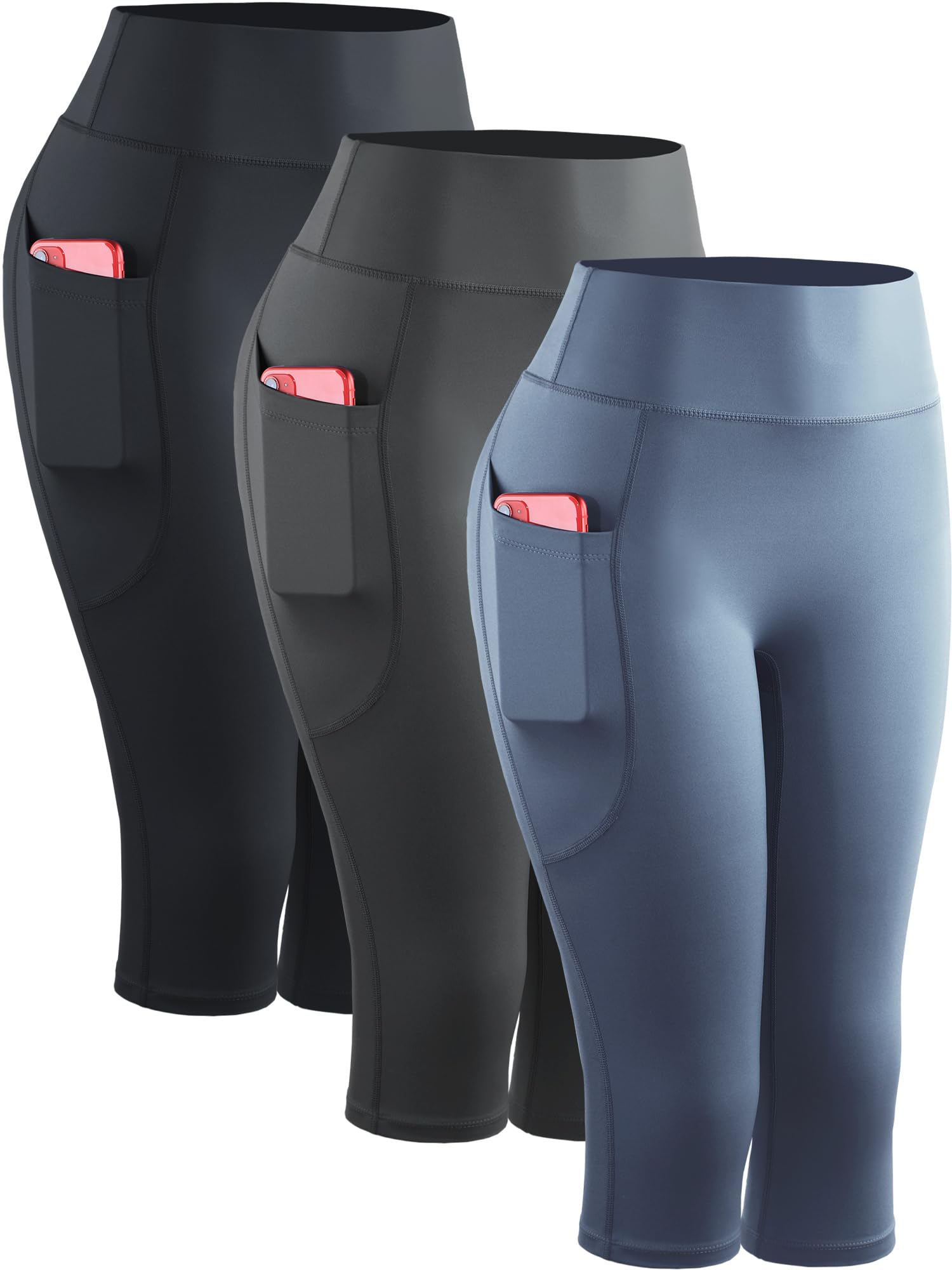 CADMUS Womens High Waist Workout Legging Capris for Yoga w Side Pockets