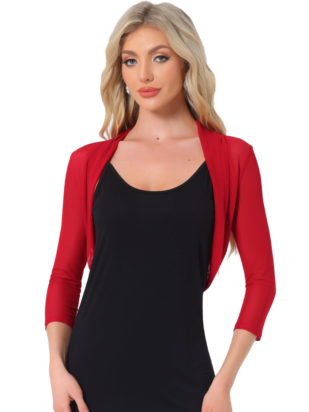 Allegra K Women's 3/4 Sleeve Sheer Mesh Shrug Open Front Cropped Bolero Cardigan