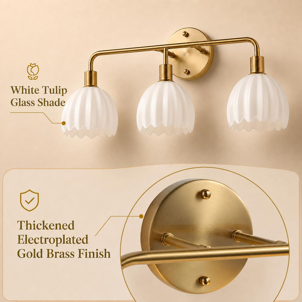 1-Light Gold Brass Bathroom Light Fixture,Wall Sconces set of 2,Brushed Gold Vanlity Light Over Mirror,Bathroom Vanity Light with White Tulip Glass Flower Shade,E26 Socket(Bulbs Not Included)