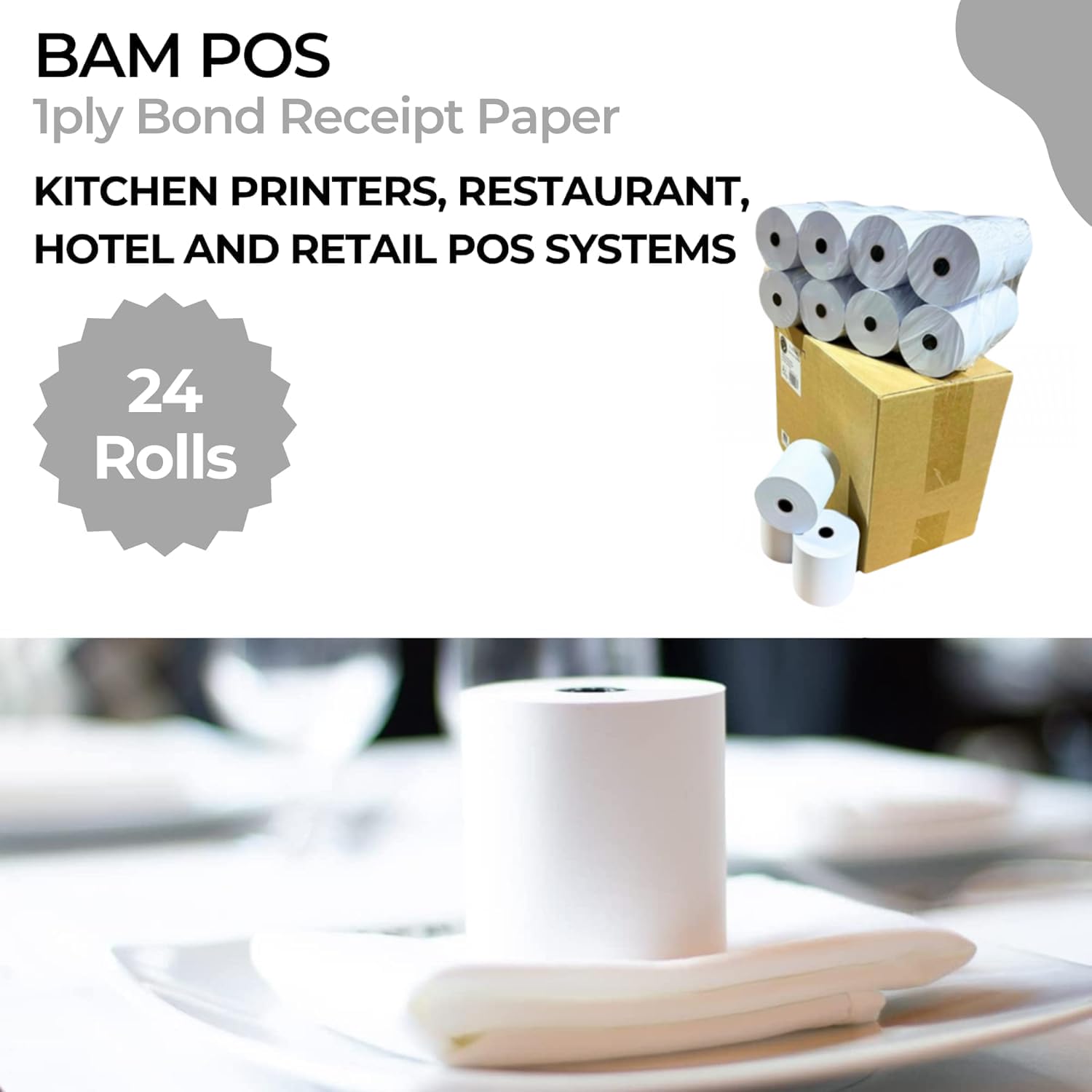 BAM POS 3" x 150' 1ply Bond (Non-Thermal) Receipt Paper Rolls for Kitchen Impact Printers TMU200, SRP275 Star SP700 - Suitable For Printing Kitchen Tickets and Order receipts (12 Rolls Per Case)