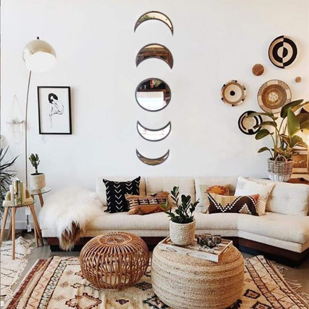 Scandinavian Decor 5-Piece Acrylic Wall Decor - Wooden Moon Phase Mirror, Bohemian Design for Living Room, Bedroom - Beige