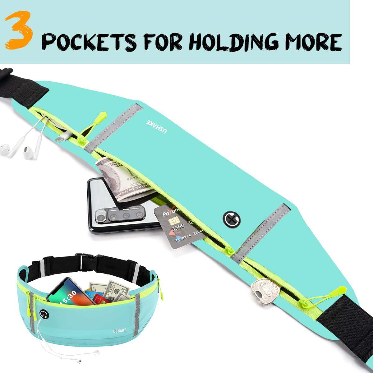 USHAKE Slim Running Belt, Workout Fanny Pack for Men Women,Exercise Waist Pack for Apple iPhone Holder, Runner Belt for Running Walking Cycling Camping Gym Black