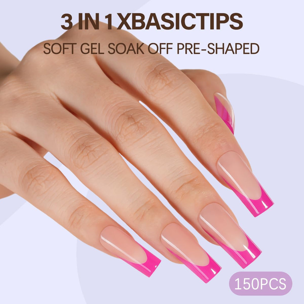 Misssix XBASICTIPS French Tip Press On Nails, 300Pcs French Gel Nail Tips Long Square, Soft Gel Pre-shaped No Need to File 3 in 1 Tips, Fake Nails for Nail Art DIY Extension Designs 15 Sizes