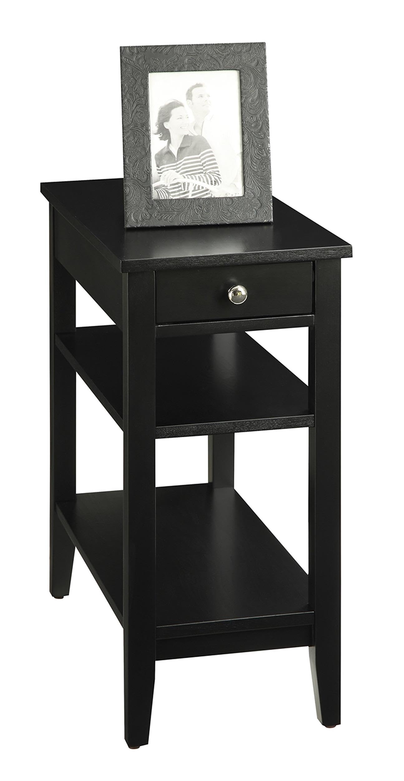 Convenience Concepts American Heritage Chairside End Table with Drawer 23.5" - Classic Living Room Table with Storage Shelf, Bedroom Nightstand, Black