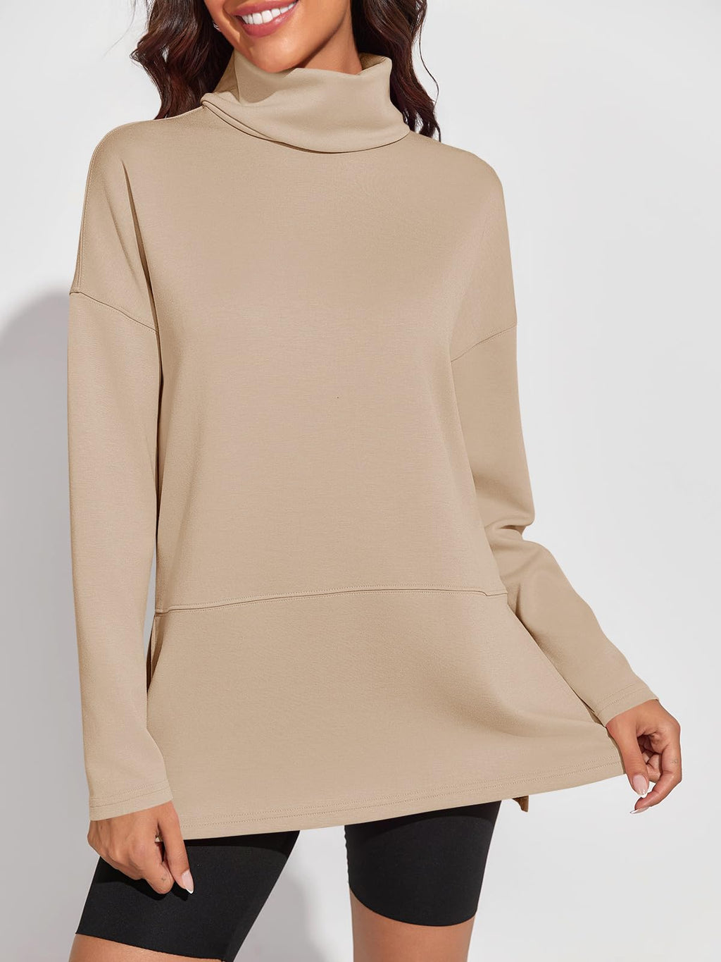 Fisoew Women's Turtleneck Oversized Sweatshirt Casual Long Sleeve Loose Side Slit Pullovers Tunic Tops