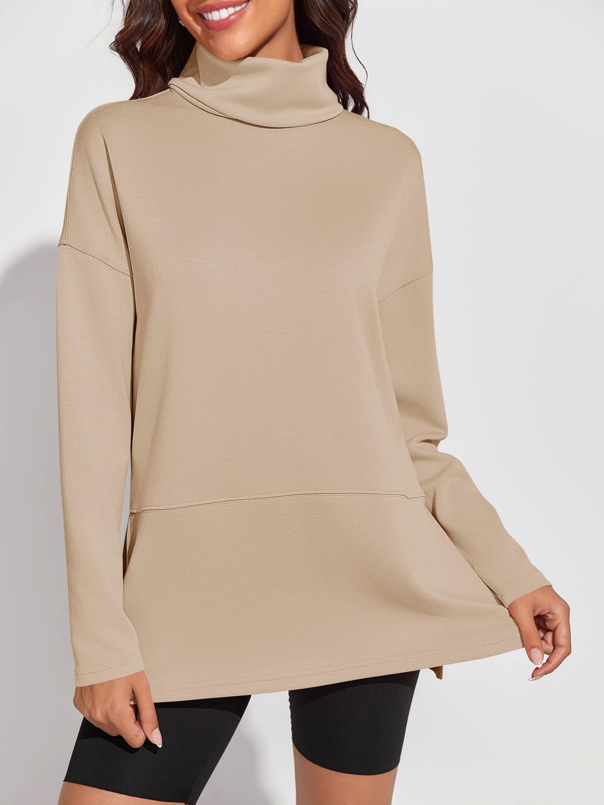Fisoew Women's Turtleneck Oversized Sweatshirt Casual Long Sleeve Loose Side Slit Pullovers Tunic Tops