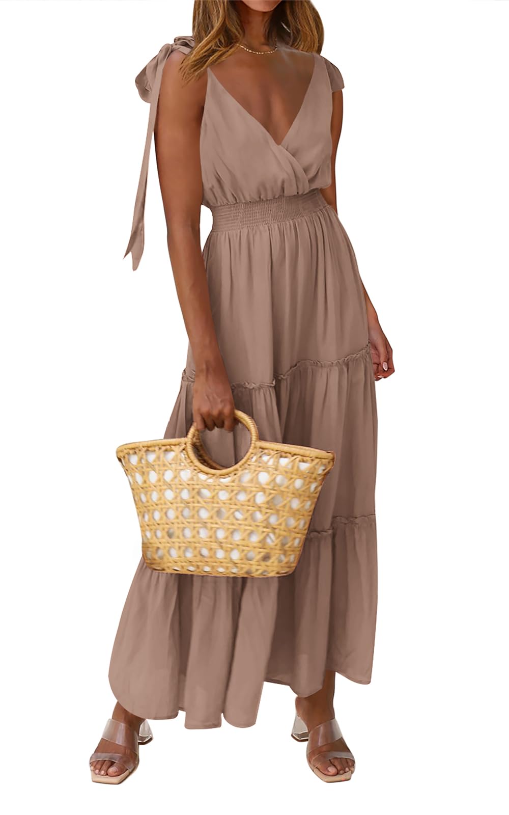 PRETTYGARDEN Women's Cross Neck Summer Sleeveless Tiered Maxi Dress Beach Tie Strap Smocked Long Dresses Pleated Sundress