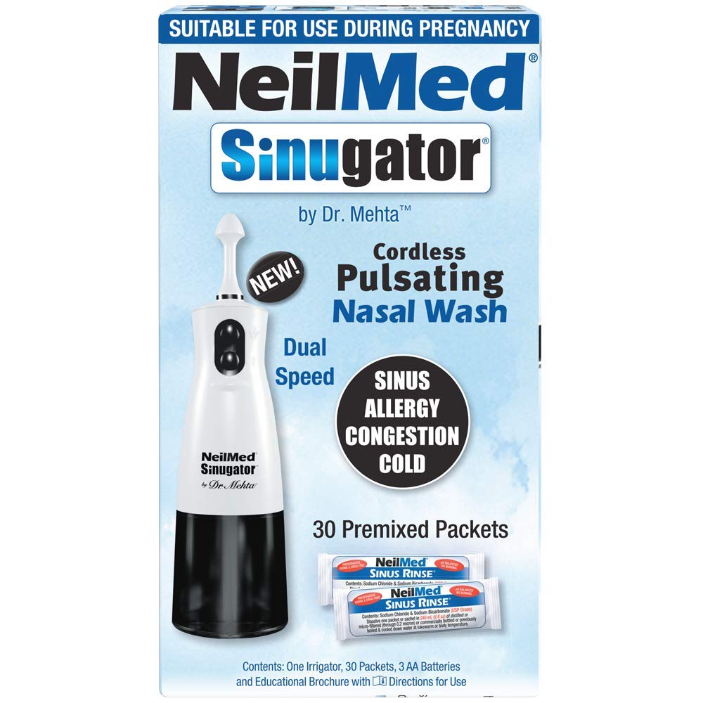 NeilMed Sinugator Cordless Pulsating Nasal Wash Kit with One Irrigator, 30 Premixed Packets and 3 AA Batteries(Pack of 1)