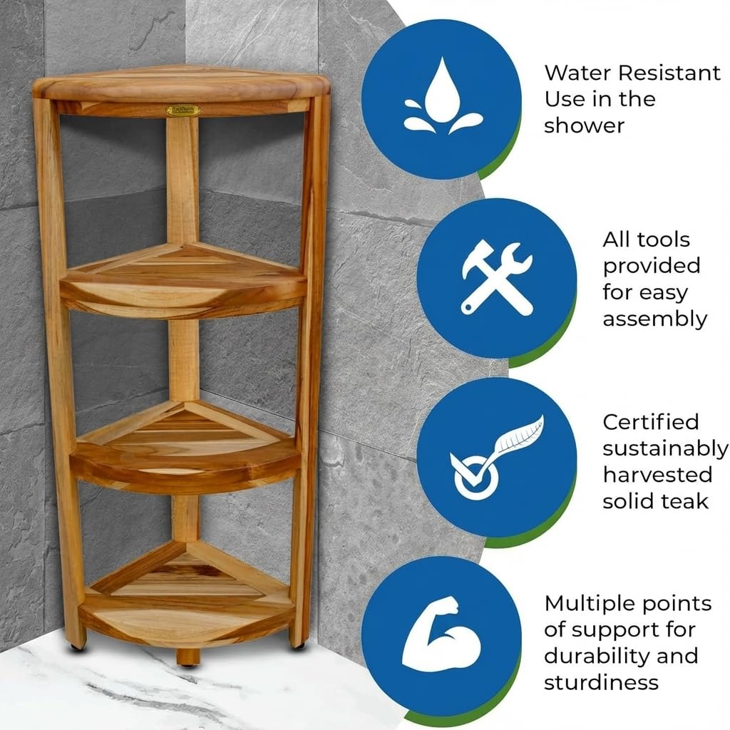 DecoTeak Teak Corner Shower Shelf – 2 Tier Waterproof Bathroom Storage Organizer Compact Wood Storage | Water-Resistant Design | Space Saver for Showers & Small Bathrooms | Shaving Foot Rest