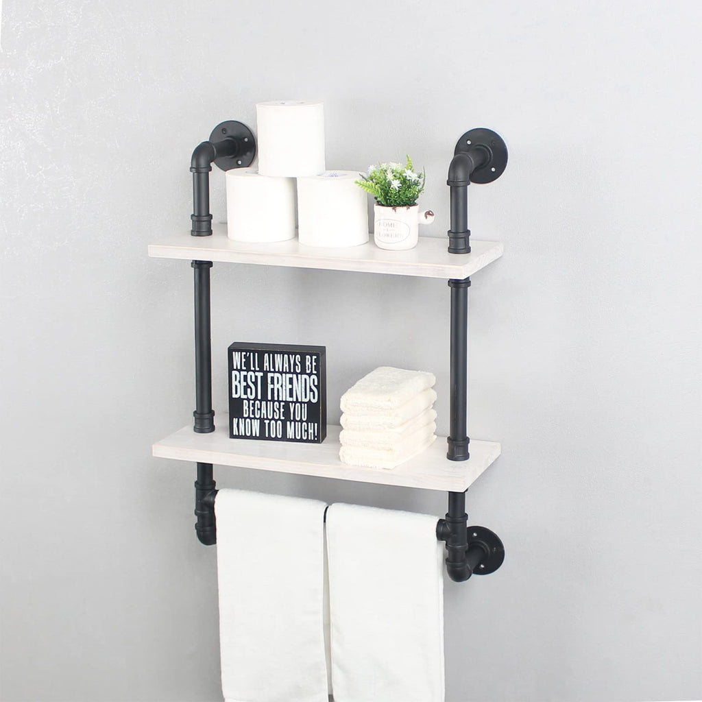 MBQQ Industrial Pipe Shelf Bathroom Shelves Wall Mounted,19.6in Rustic Wood Shelf with Towel Bar,1 Tier Farmhouse Towel Rack,Pipe Shelving Floating Shelves Towel Holder,Black & White