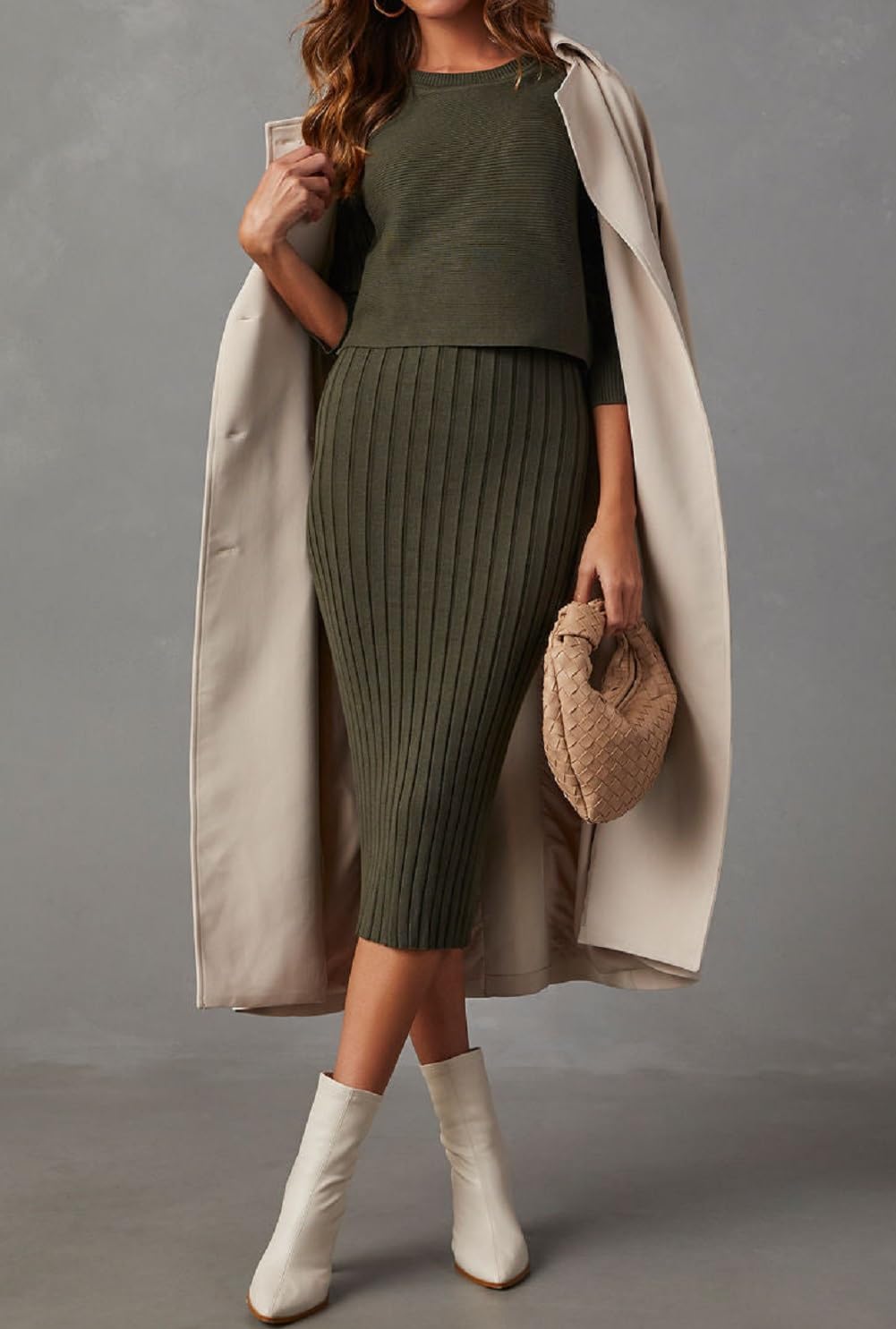 Ezbelle Women's Long Sleeve Sweater Dresses 2 Piece Outfits Sets Ribbed Knit Crop Tops and Tank Bodycon Midi Dress