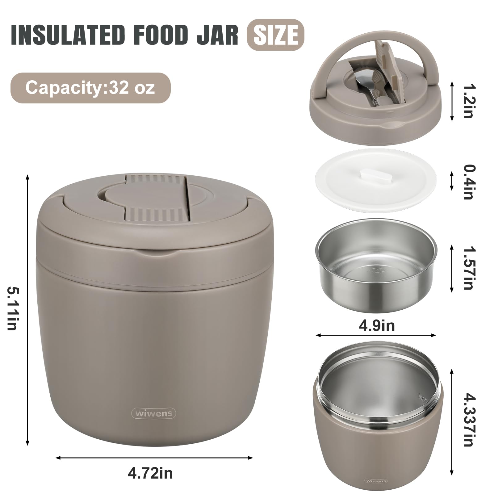 wiwens Thermo Food Jar for Hot Food Adults 32OZ Soup Thermo Lunch Containers Wide Mouth Vacuum Insulated Stainless Steel Leakproof Bento Box with Spoon (Beige)