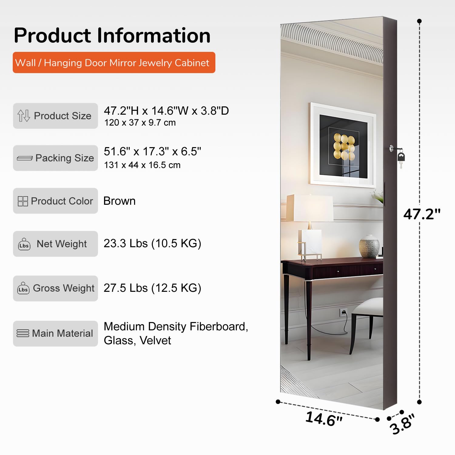 GISSAR Full Length Mirror Jewelry Cabinet, 6 LEDs Jewelry Armoire Wall Mounted Over The Door Hanging, Jewelry Organizer Storage with Lights Lockable, Black, 14.6" x 47.2"