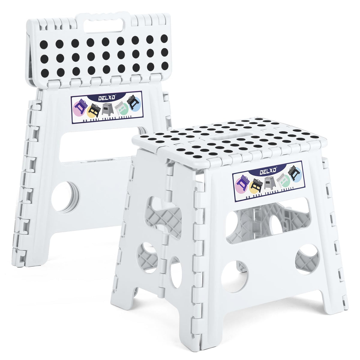Delxo 11 inch 2 Pack Folding Step Stool, Non-Slip Foldable Stools Up to 300 LBS, Step Stool with Handle, Lightweight Collapsible stools for Kitchen, Bathroom, Bedroom, Garden (Black)