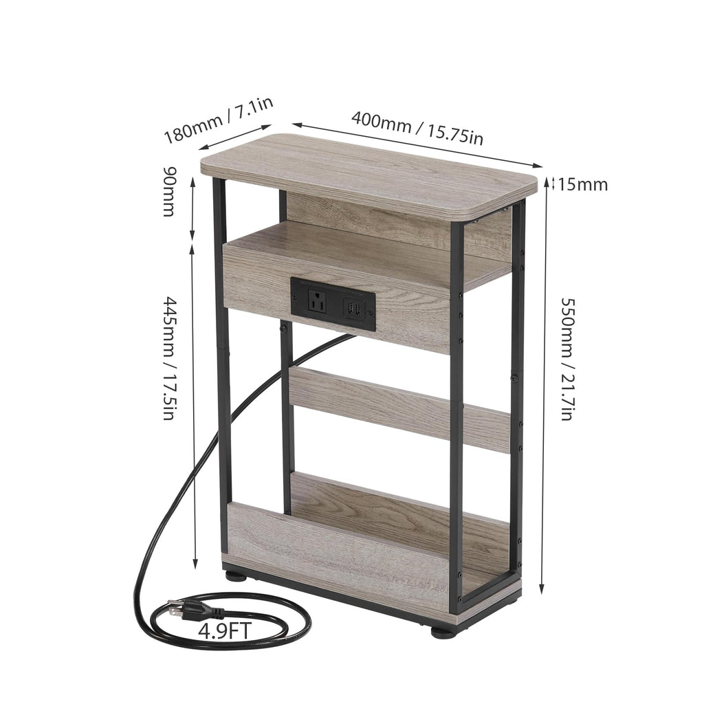 YEAKOO Narrow Side Table with Charging Station, 3-Tier End Table with 2 USB Ports & Power Outlets,Thin Sofa Side Table for Narrow and Small Spaces, Bedside Table Nightstand for Living Room,Black