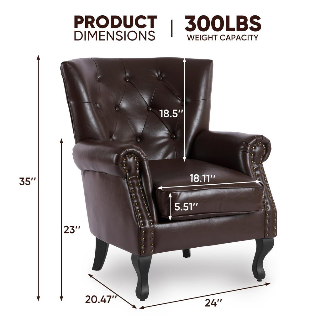 MOJAY PU Leather Accent Chair, Mid-Century Modern Armchair Living Room Club Chair with Tufted Button & Rivet Trim, Upholstered Sofa Chair with Sturdy Wood Legs for Bedroom (Black)